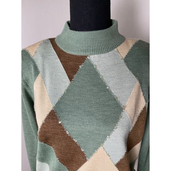 VTG Alfred Dunner Women's Wool Geometric Sequin Artzy Funnel Sweater Green PL - Picture 3 of 10